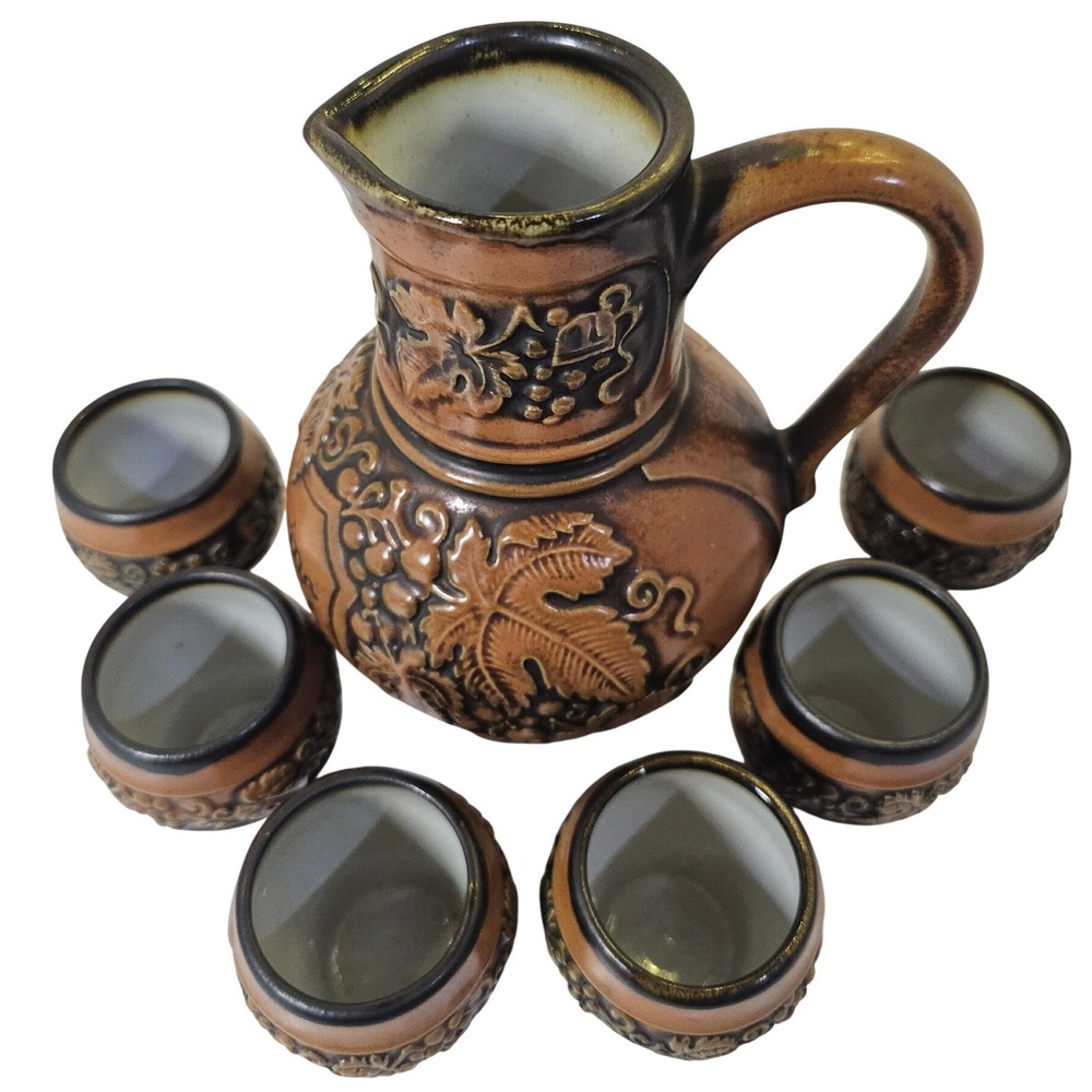 Vintage‎ Gertz German Pottery Pitcher 6 Cups Wine Set Grape Leaf Design MCM